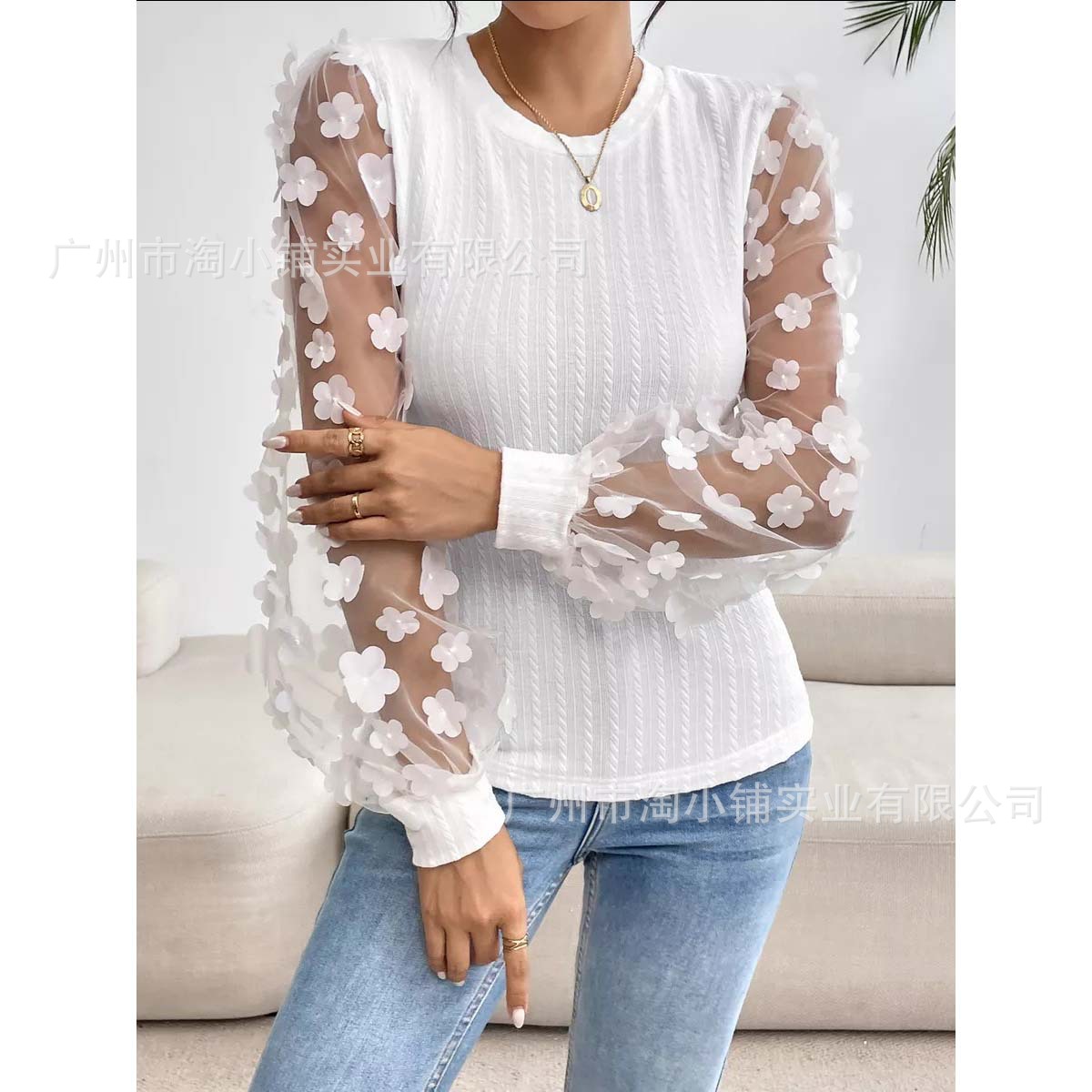 2025 New European and American Fashion Printed Trendy Versatile Sleeveless Deep Neck Vest Floral Round Neck Women's Long Sleeve Top