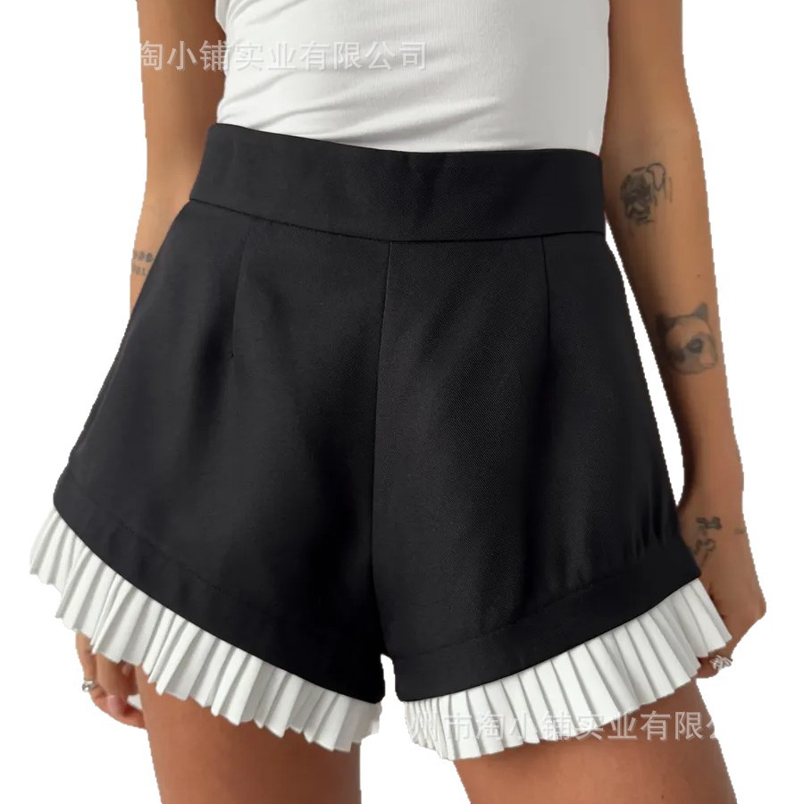 2025 New Black and White Pleated Splicing Skirt for Slimming Women, High Waist and Leg-Lengthening Design, Niche Summer New Style