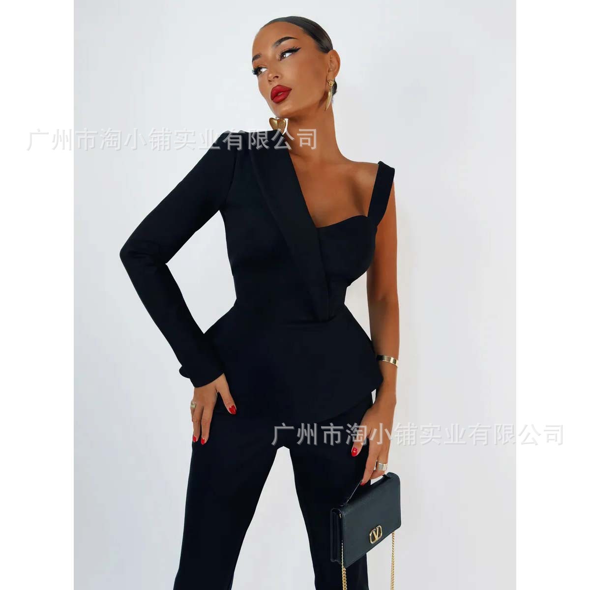 2025 spring fashion European and American women's sexy pullover collar slim fit temperament slim fit suit women's clothing