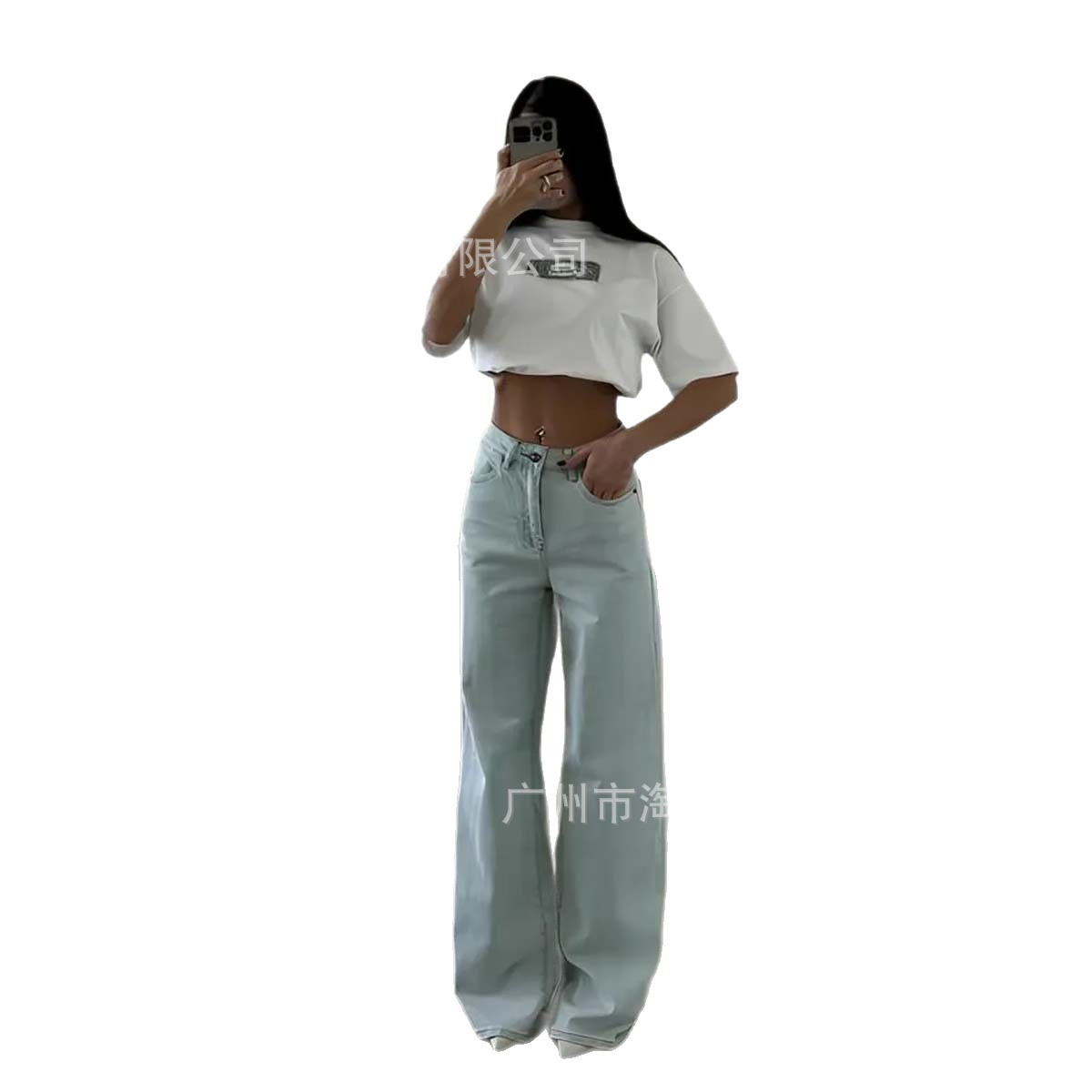 Woodpecker Light Blue High-Waisted Wide-Leg Jeans for Women 2025 Summer Design Loose Slimming Look Draped Floor-Length Scimitar