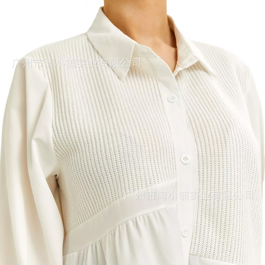 2025 Spring New Arrival Foreign Elegant Age-Reducing Loose Stitching Belly Covering Shirt Small Shirt Top Stitching Knitted Shirt