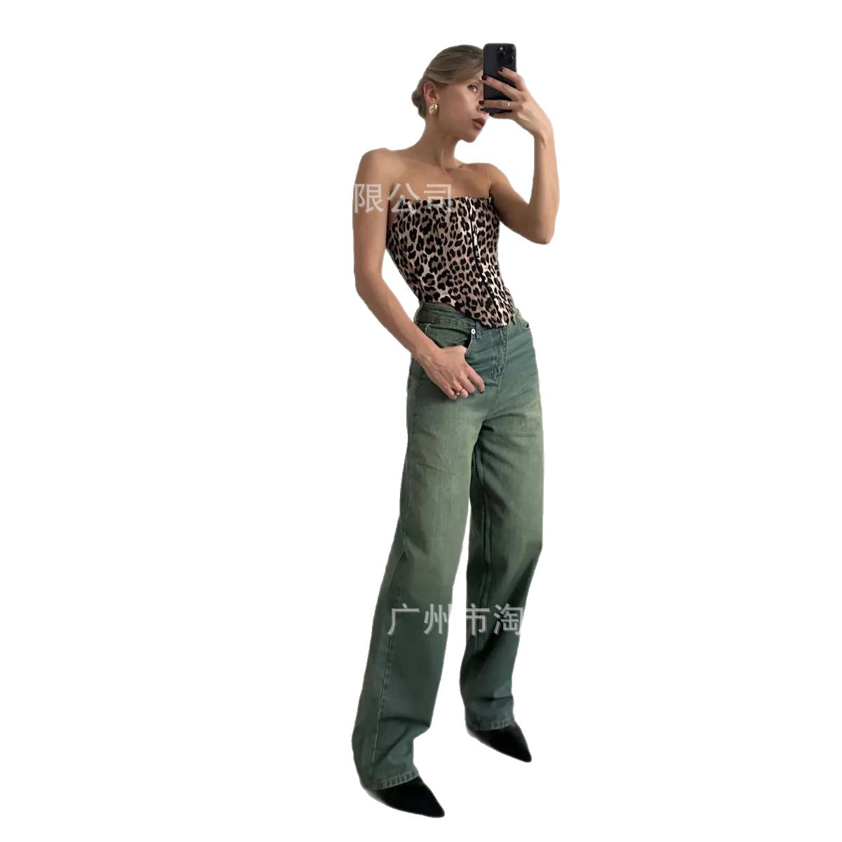Washed Loose Jeans 2025 Retro Trendy Unique Design Niche Slimming Versatile Green Wide-Leg Pants